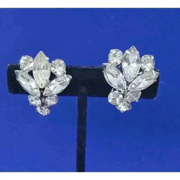 Vintage Earrings Clear Rhinestone Clip Ultimate Bride Wide Statement Crystal - Picture 1 of 6